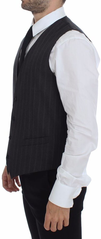 Dolce & Gabbana Gray Striped Wool Logo Vest Gilet Weste Grijs