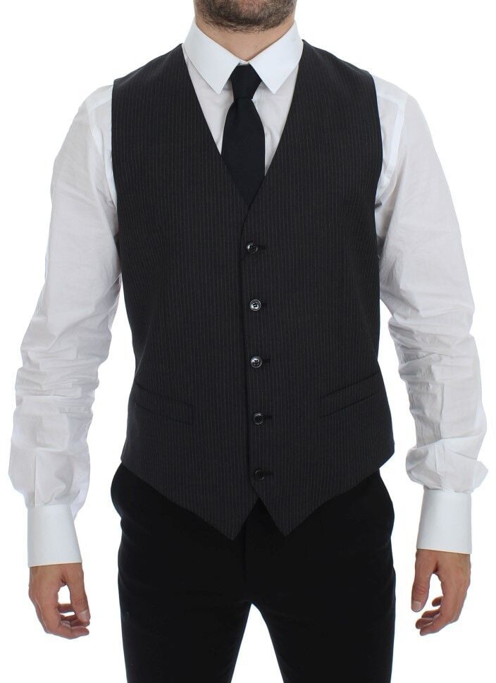 Dolce & Gabbana Gray Striped Wool Single Breasted Vest Grijs