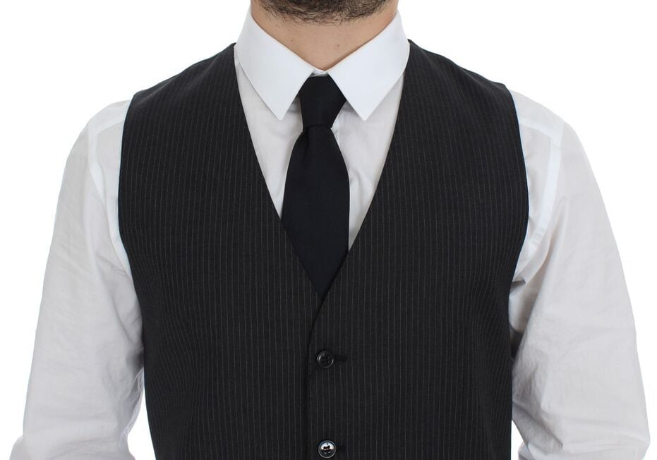 Dolce & Gabbana Gray Striped Wool Single Breasted Vest Grijs