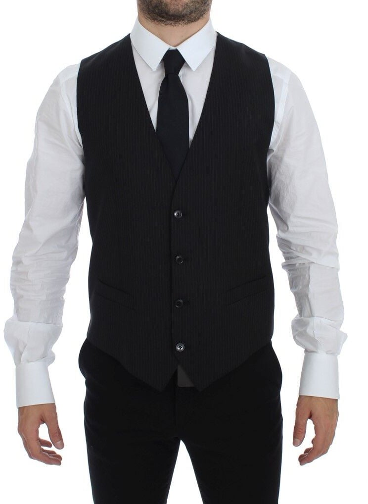 Dolce & Gabbana Black Striped Wool Single Breasted Vest Zwart