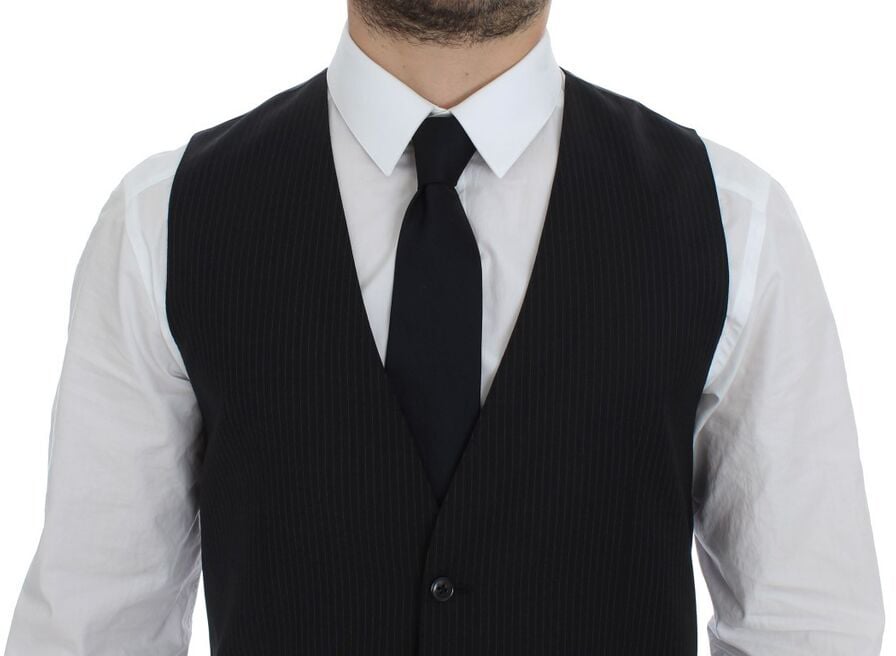 Dolce & Gabbana Black Striped Wool Single Breasted Vest Zwart