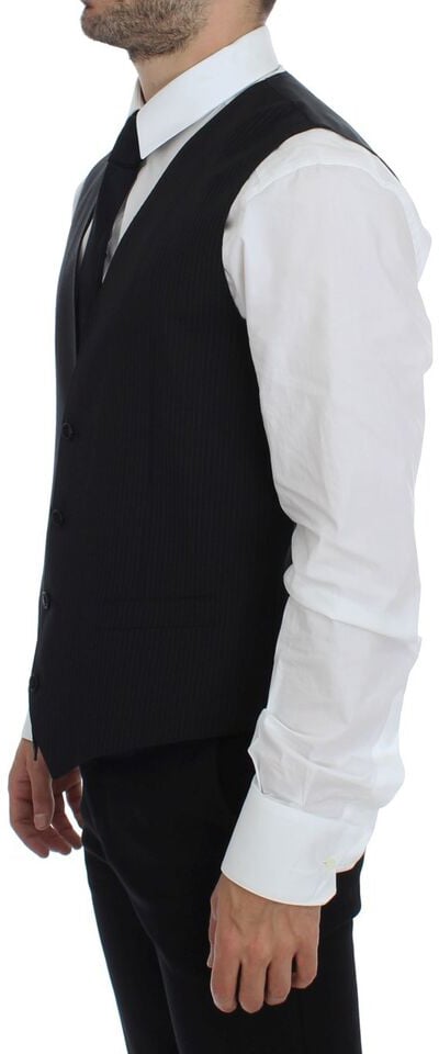 Dolce & Gabbana Black Striped Wool Single Breasted Vest Zwart