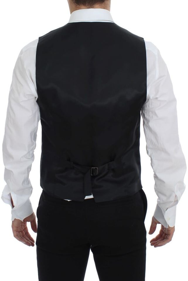 Dolce & Gabbana Black Striped Wool Single Breasted Vest Zwart