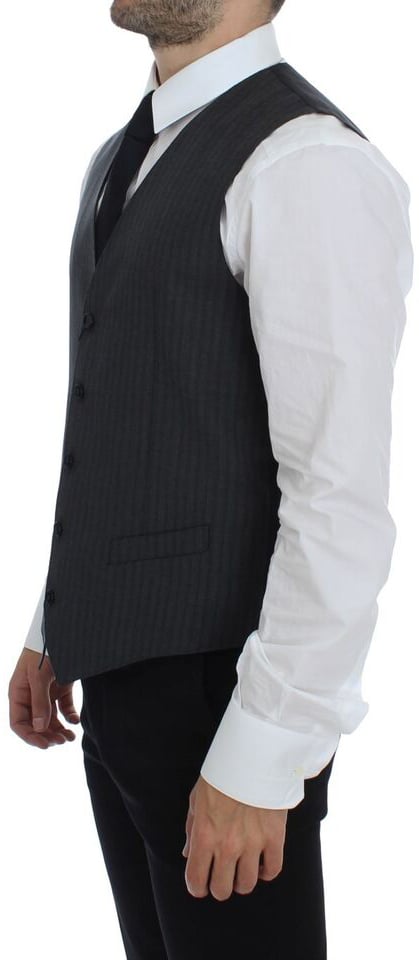 Dolce & Gabbana Gray Striped Wool Single Breasted Vest Grijs