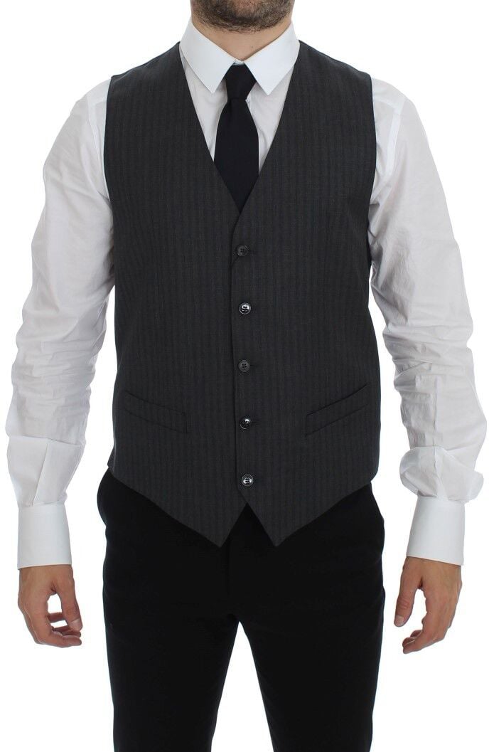 Dolce & Gabbana Gray Striped Wool Single Breasted Vest Grijs