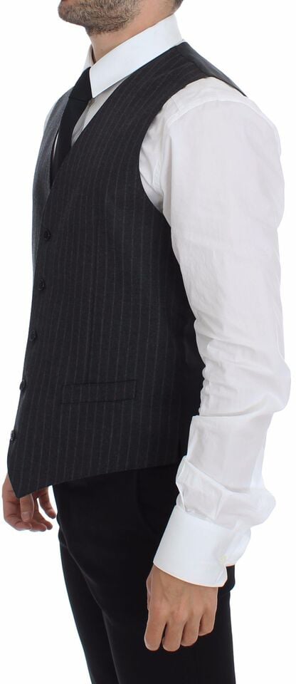 Dolce & Gabbana Gray Striped Wool Logo Vest Gilet Weste Grijs