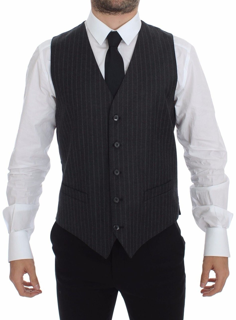 Dolce & Gabbana Gray Striped Wool Logo Vest Gilet Weste Grijs