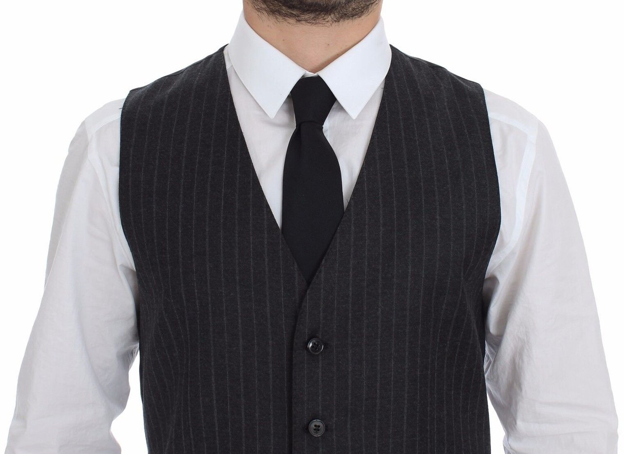 Dolce & Gabbana Gray Striped Wool Logo Vest Gilet Weste Grijs