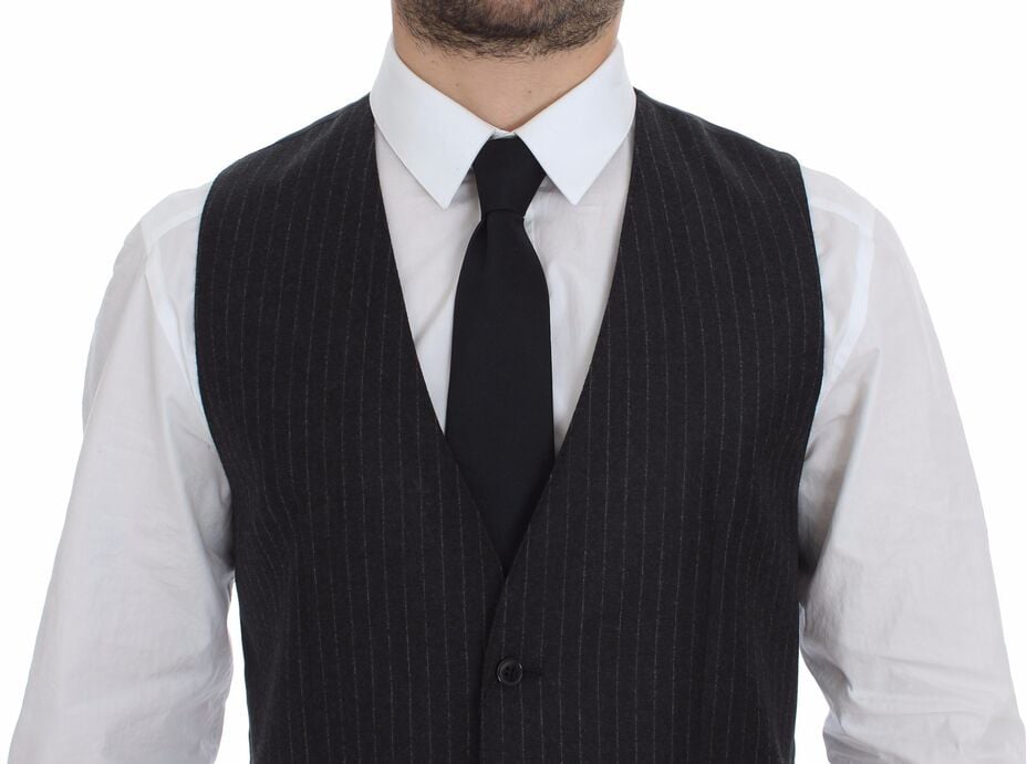 Dolce & Gabbana Gray Striped Wool Logo Vest Gilet Vests Grijs