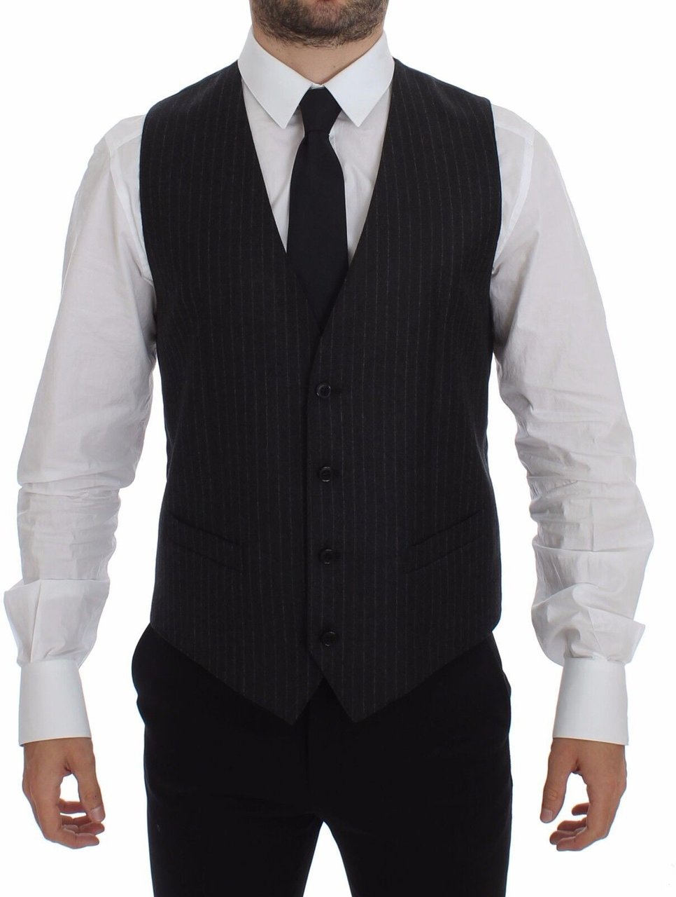 Dolce & Gabbana Gray Striped Wool Logo Vest Gilet Vests Grijs