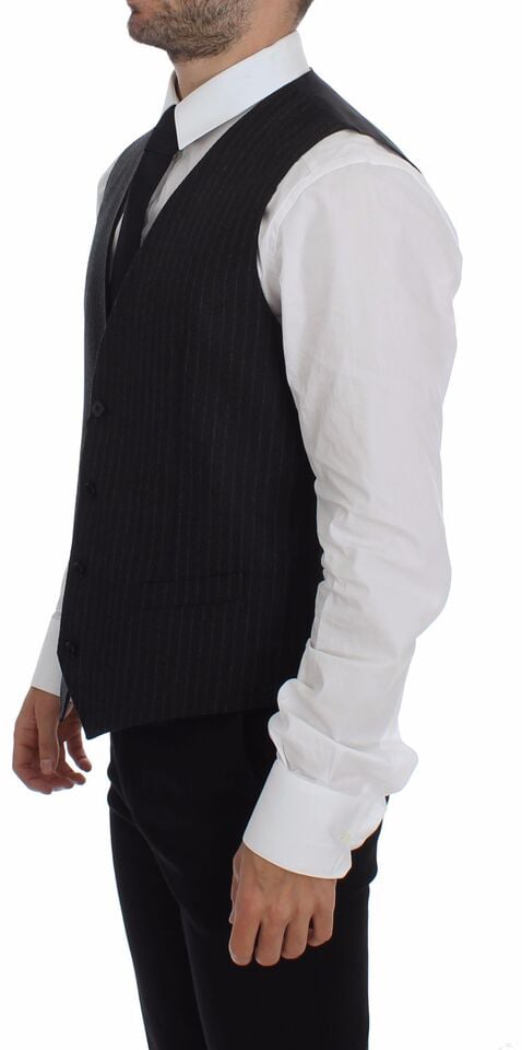 Dolce & Gabbana Gray Striped Wool Logo Vest Gilet Vests Grijs