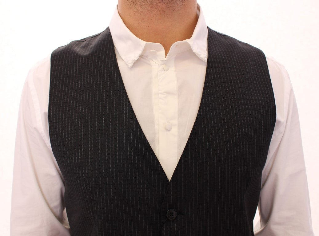 Dolce & Gabbana Gray Striped Wool Single Breasted Vest Zwart