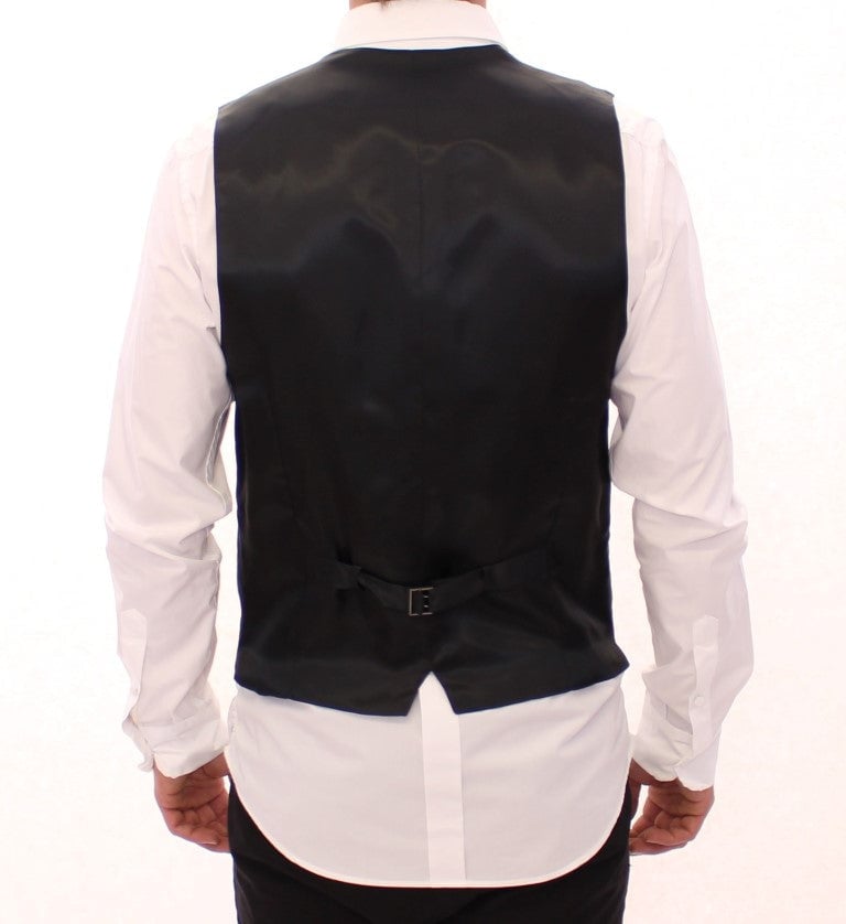Dolce & Gabbana Gray Striped Wool Single Breasted Vest Zwart
