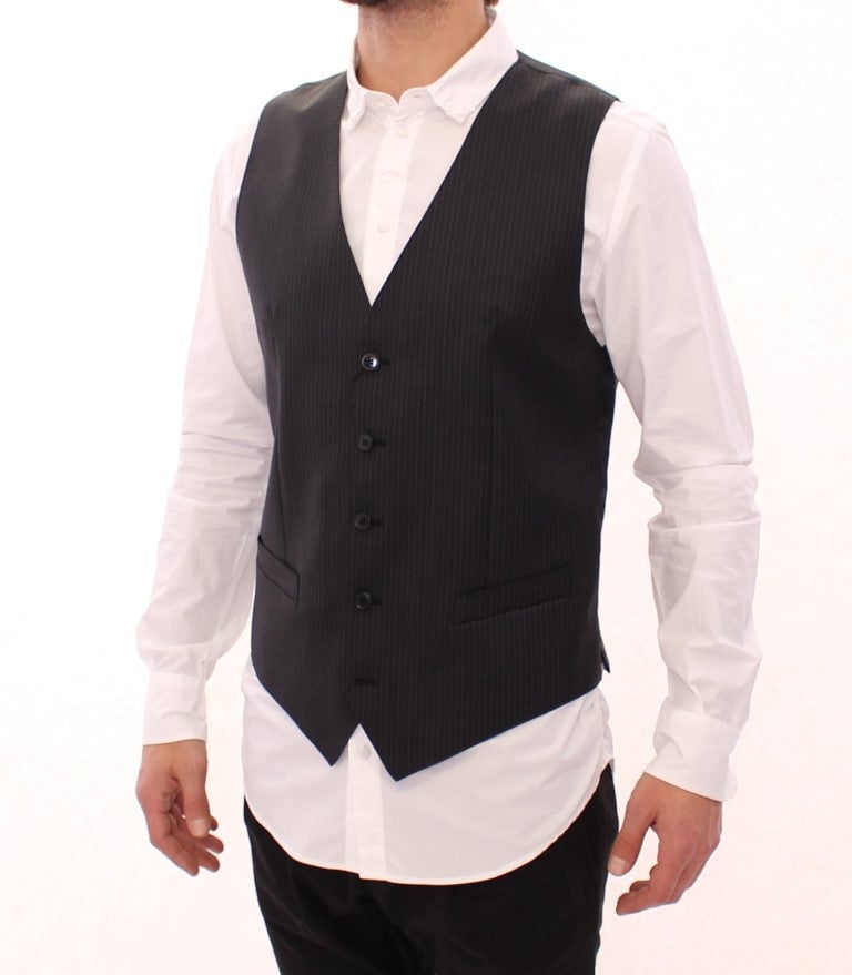 Dolce & Gabbana Gray Striped Wool Single Breasted Vest Zwart