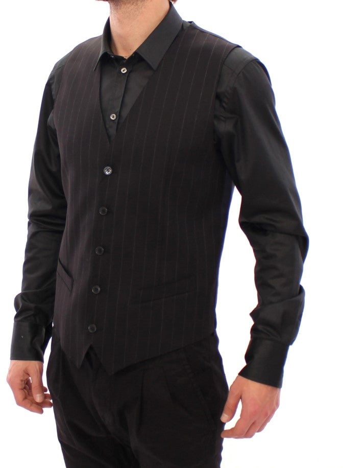 Dolce & Gabbana Black Striped Wool Logo Vest Zwart