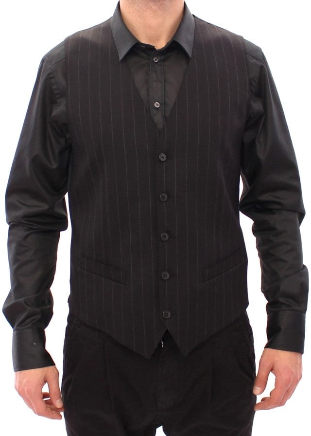 Dolce & Gabbana Black Striped Wool Logo Vest Zwart