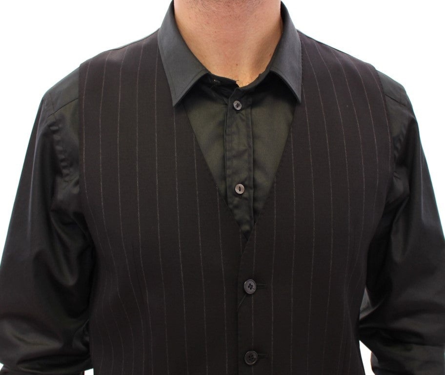 Dolce & Gabbana Black Striped Wool Logo Vest Zwart