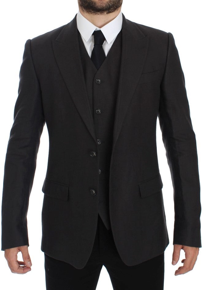 Dolce & Gabbana Gray Slim Fit Linen Blazer Jacket Grijs
