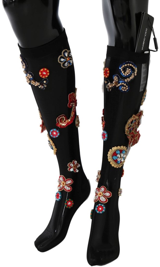 Dolce & Gabbana Black Stretch Carretto Crystal Socks Zwart