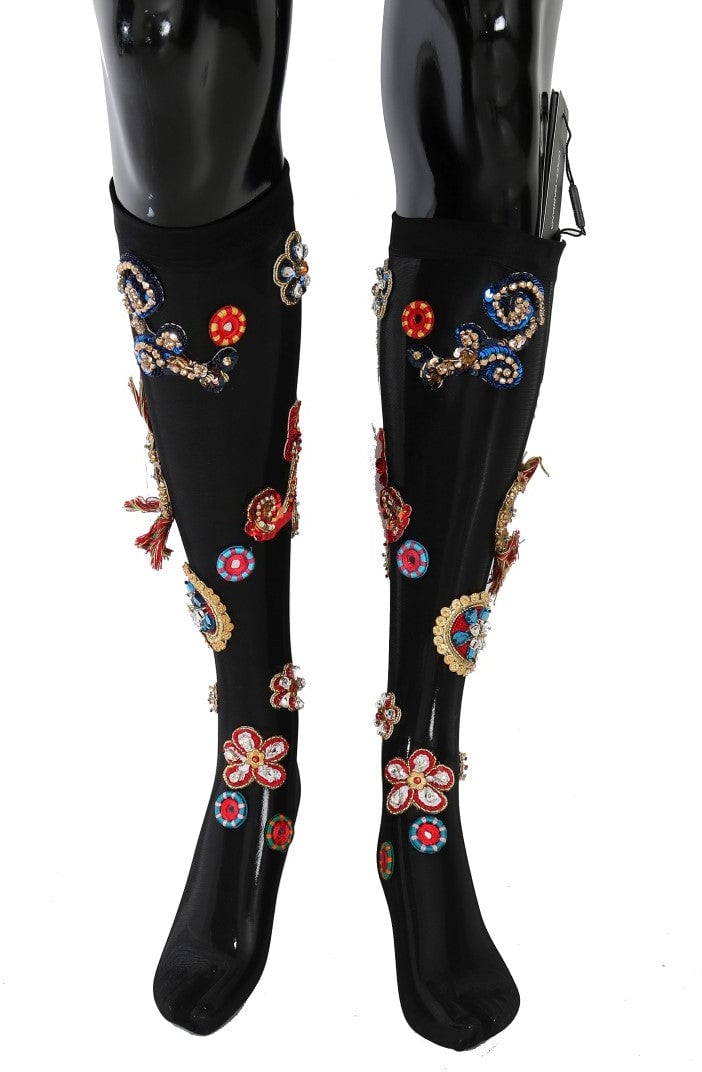 Dolce & Gabbana Black Stretch Carretto Crystal Socks Zwart