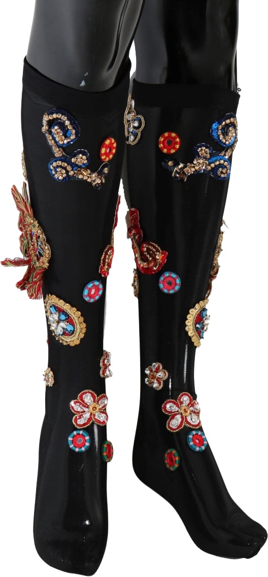 Dolce & Gabbana Black Stretch Carretto Crystal Socks Zwart