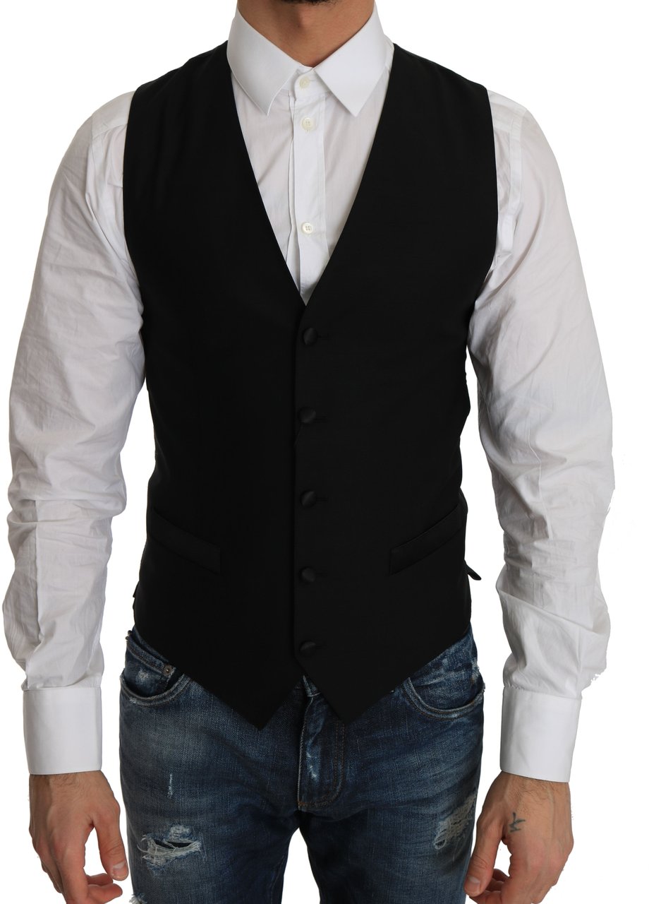 Dolce & Gabbana Black Wool Dress Waistcoat Zwart