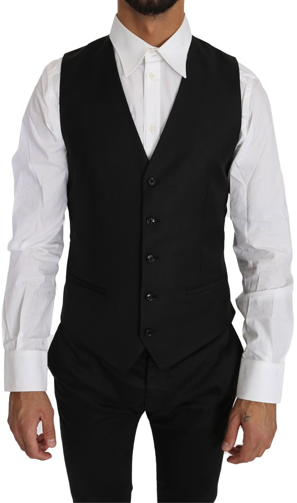 Dolce & Gabbana Black Solid Wool Silk Waistcoat Vest Zwart
