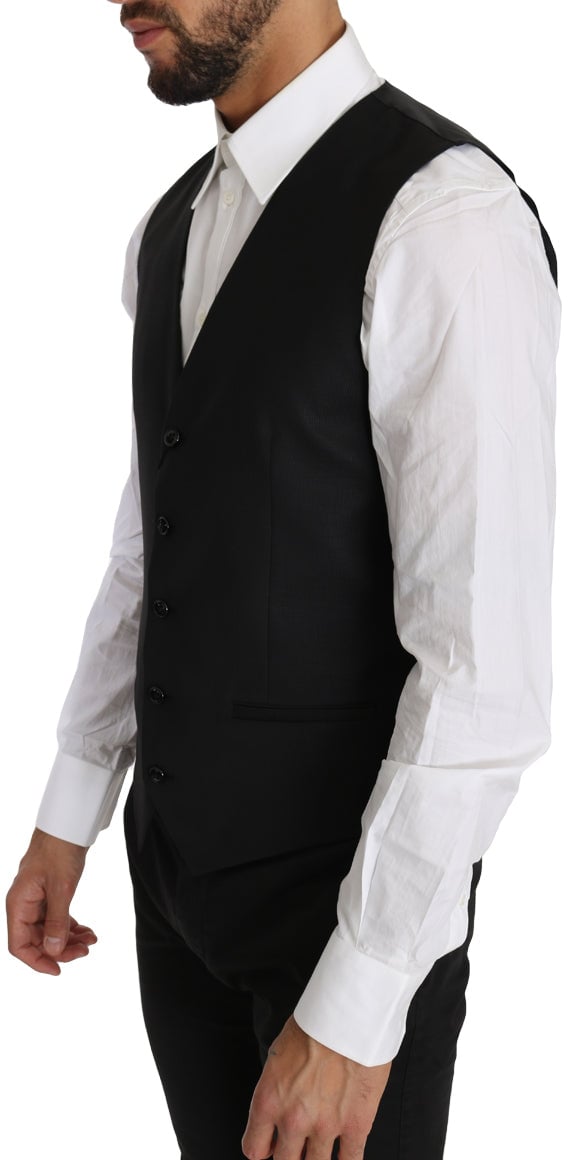 Dolce & Gabbana Black Solid Wool Silk Waistcoat Vest Zwart