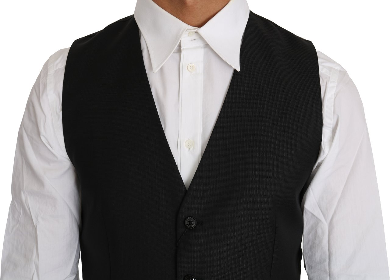 Dolce & Gabbana Black Solid Wool Silk Waistcoat Vest Zwart
