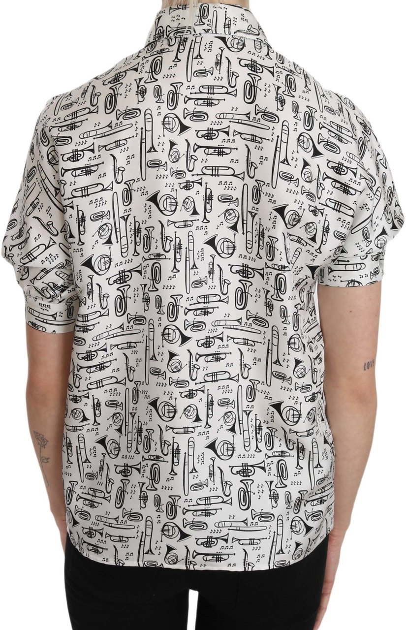 Dolce & Gabbana Trumpet Print Button Front Silk Top Blouse Wit