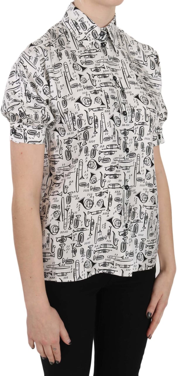 Dolce & Gabbana Trumpet Print Button Front Silk Top Blouse Wit