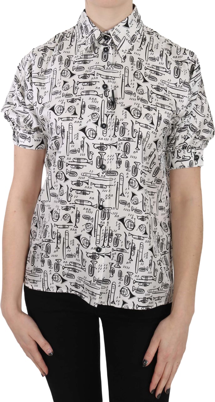 Dolce & Gabbana Trumpet Print Button Front Silk Top Blouse Wit