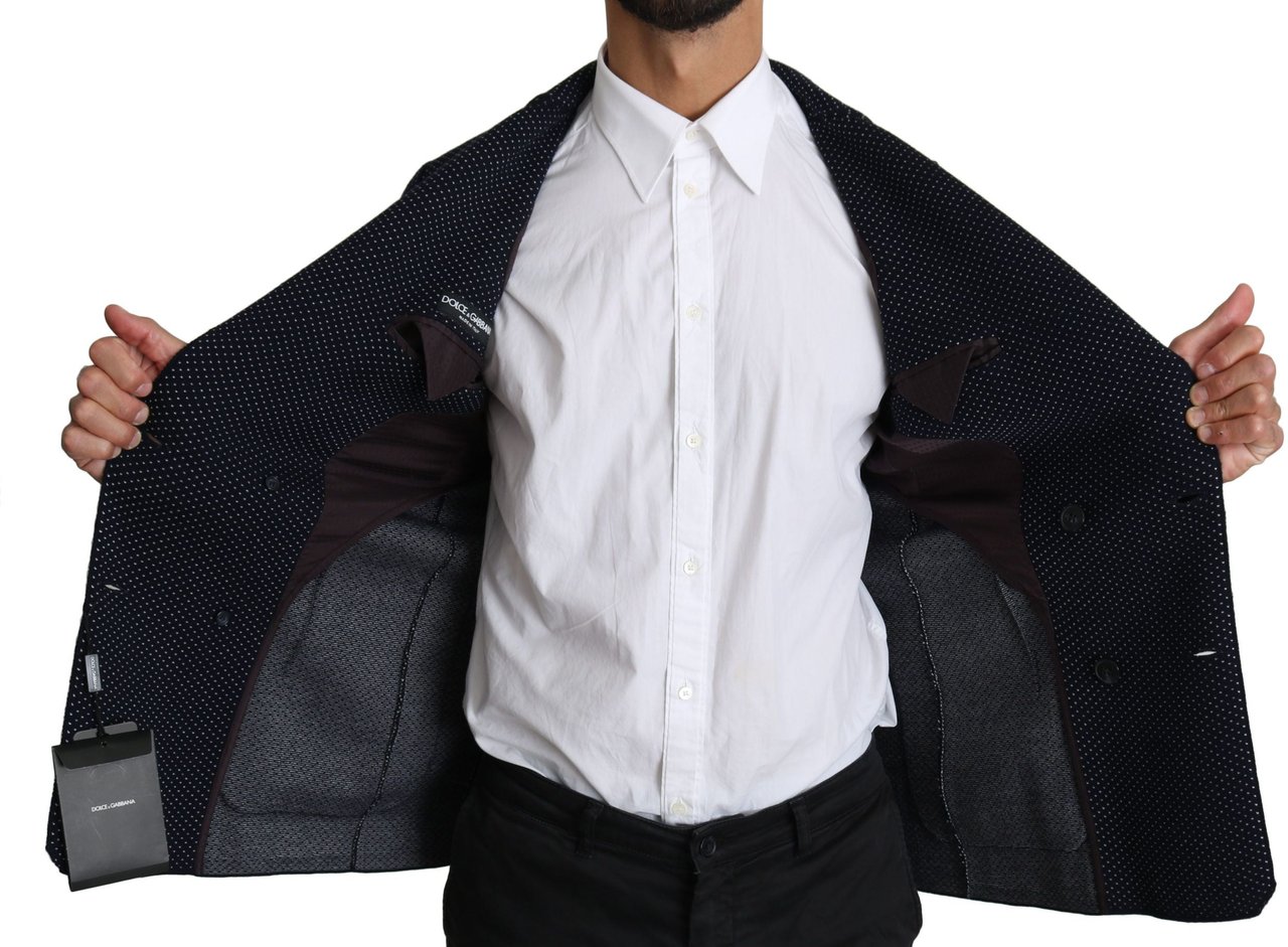 Dolce & Gabbana Dark Blue Dotted Double Breasted Coat Blazer Blauw