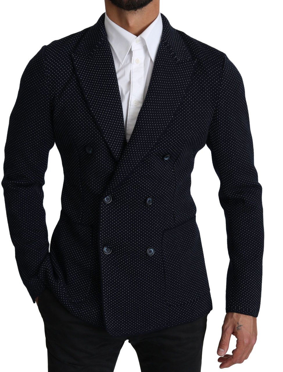 Dolce & Gabbana Dark Blue Dotted Double Breasted Coat Blazer Blauw