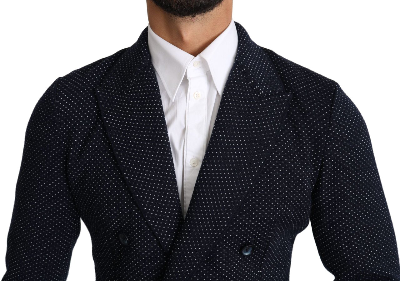Dolce & Gabbana Dark Blue Dotted Double Breasted Coat Blazer Blauw