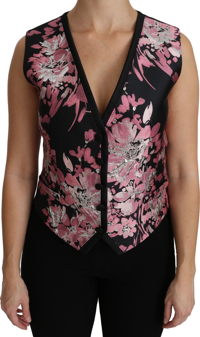 Dolce & Gabbana Black Pink Floral Waistcoat Vest Blouse Top Zwart