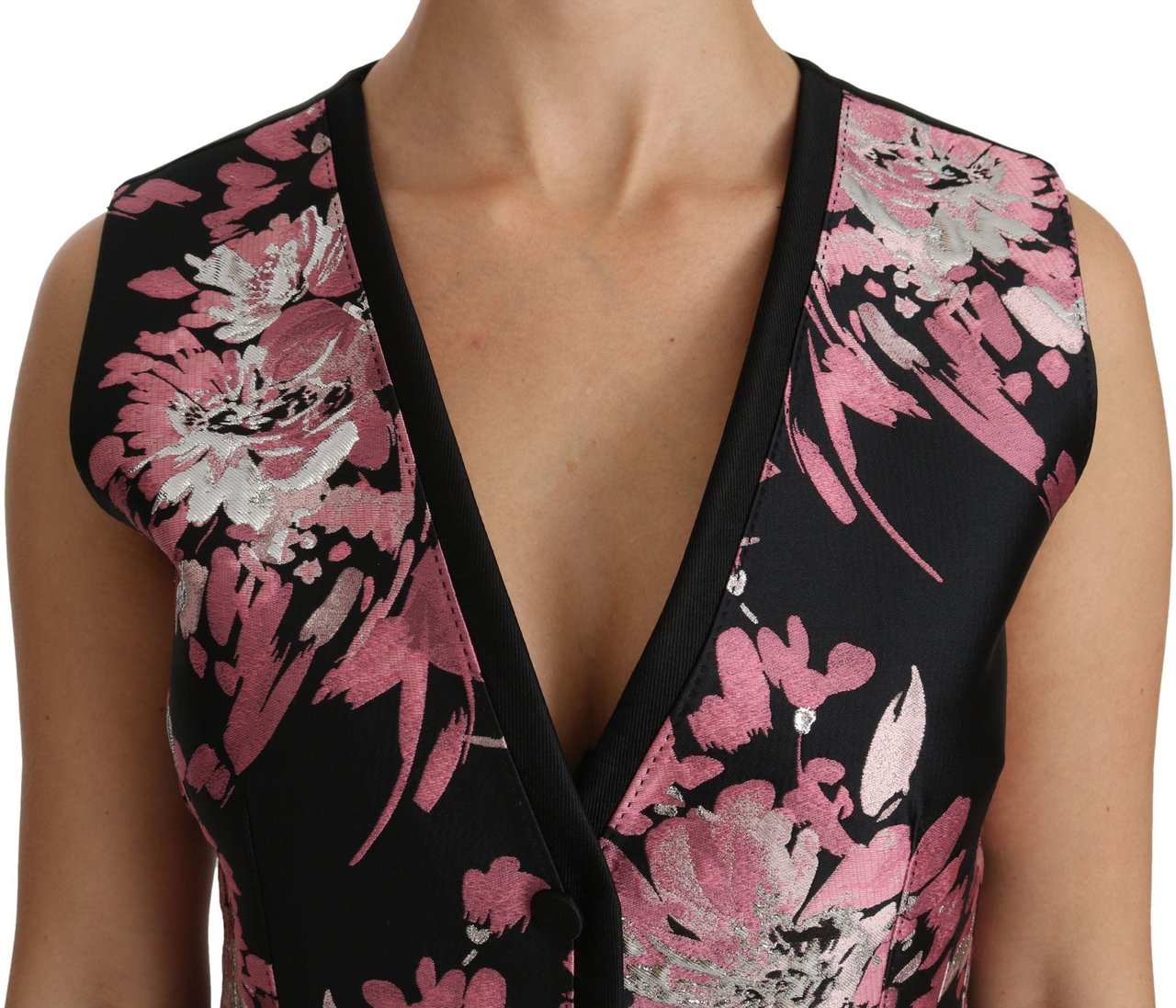 Dolce & Gabbana Black Pink Floral Waistcoat Vest Blouse Top Zwart