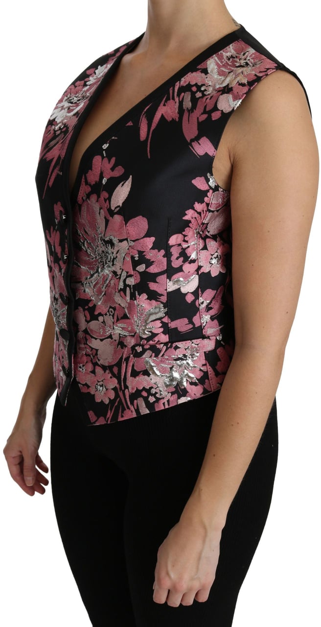 Dolce & Gabbana Black Pink Floral Waistcoat Vest Blouse Top Zwart
