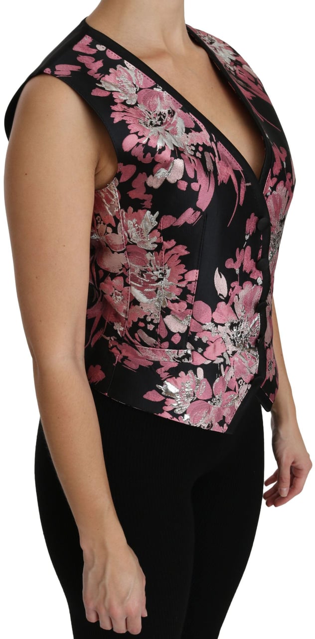 Dolce & Gabbana Black Pink Floral Waistcoat Vest Blouse Top Zwart