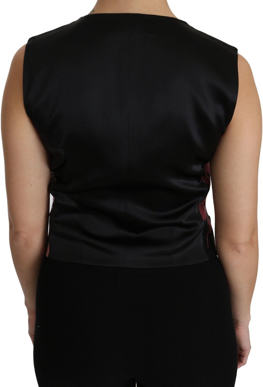Dolce & Gabbana Black Pink Floral Waistcoat Vest Blouse Top Zwart