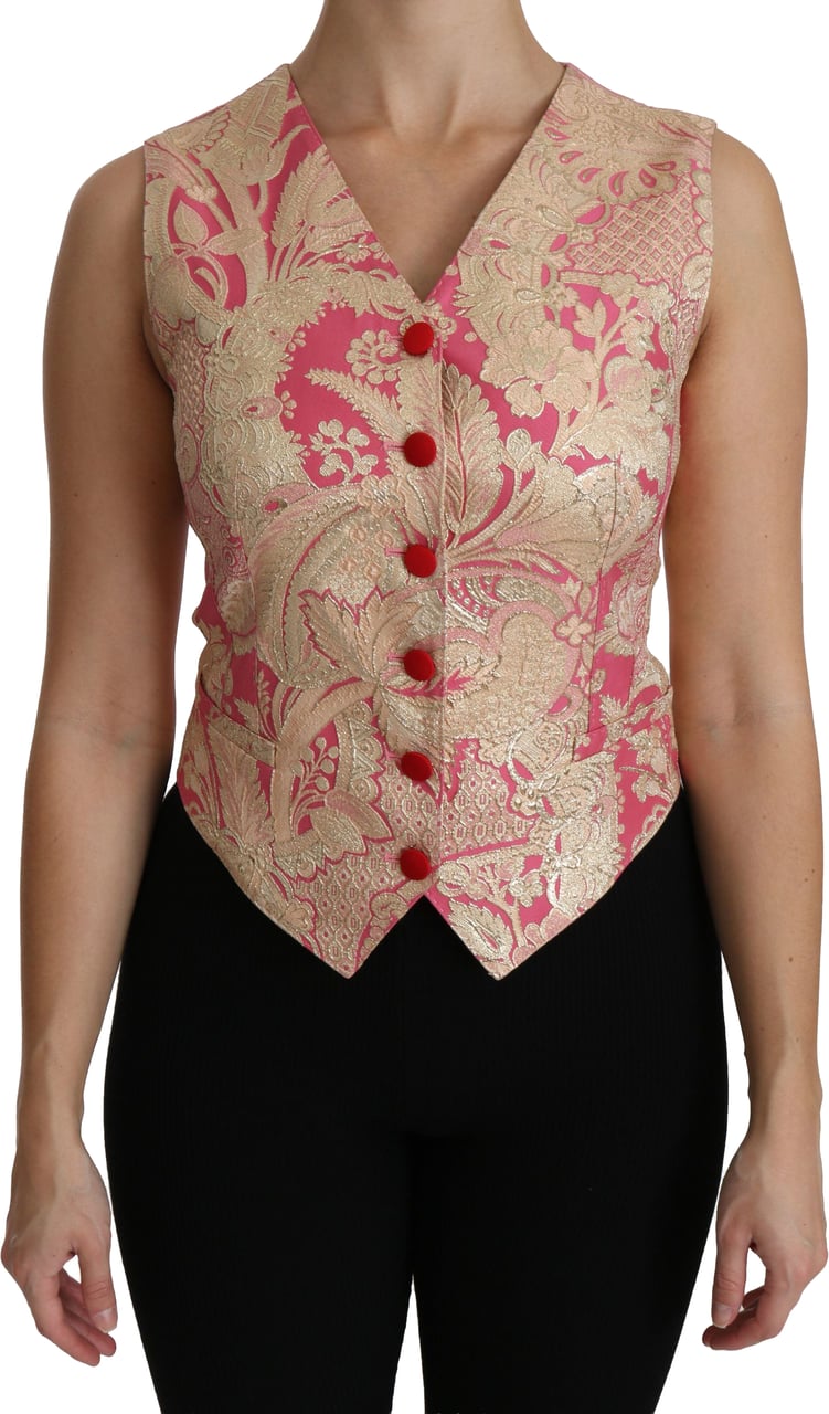 Dolce & Gabbana Pink Gold Brocade Waistcoat Vest Blouse Top Goud