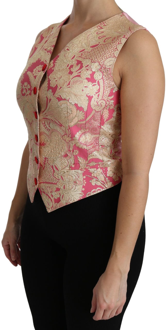 Dolce & Gabbana Pink Gold Brocade Waistcoat Vest Blouse Top Goud