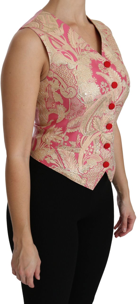 Dolce & Gabbana Pink Gold Brocade Waistcoat Vest Blouse Top Goud