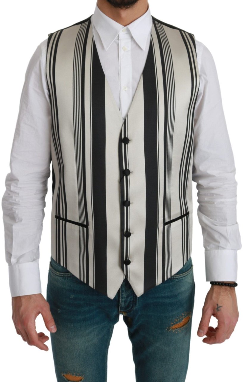 Dolce & Gabbana White Black Stripes Waistcoat Formal Vest Zwart