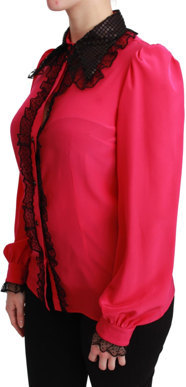 Dolce & Gabbana Pink Silk Black Sequin Lace Shirt Blouse Roze