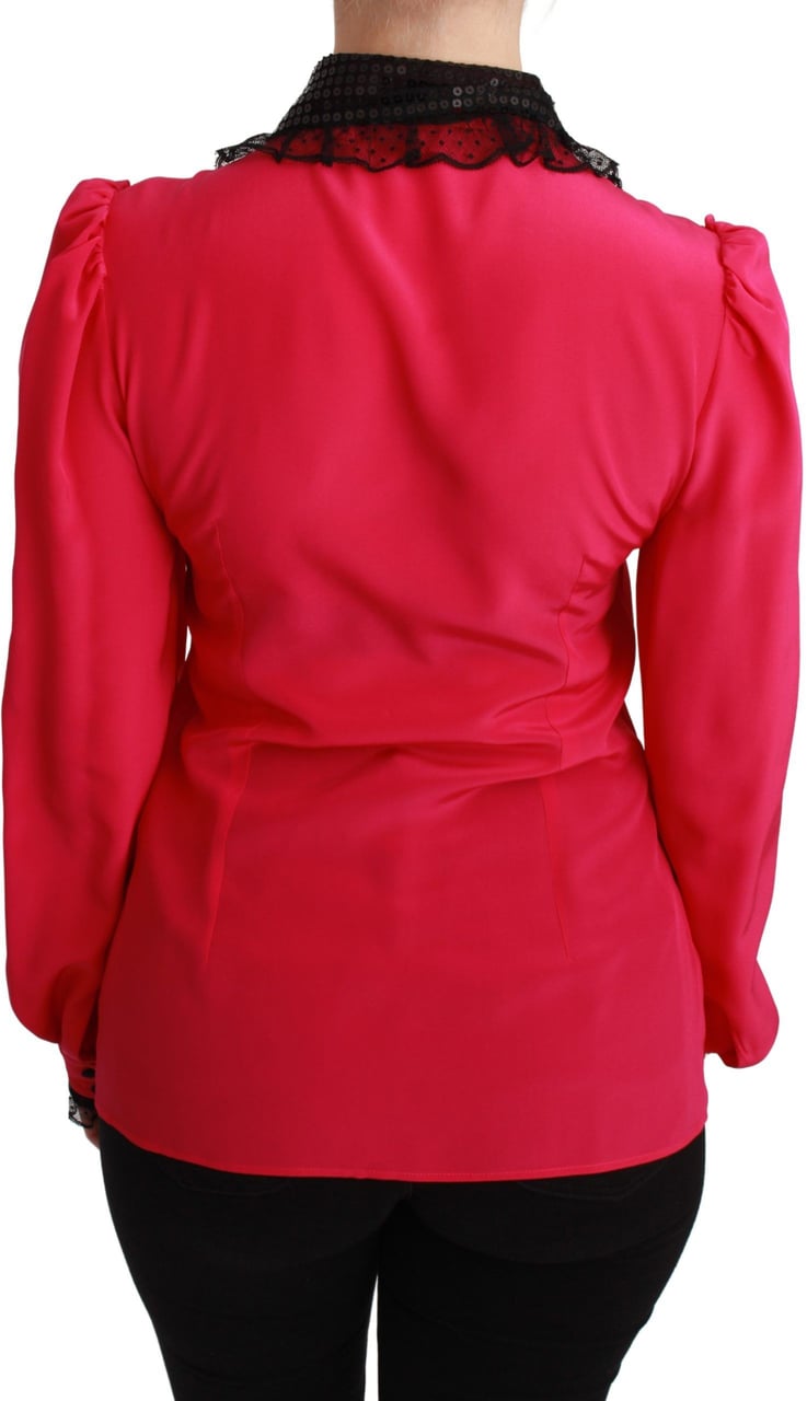 Dolce & Gabbana Pink Silk Black Sequin Lace Shirt Blouse Roze
