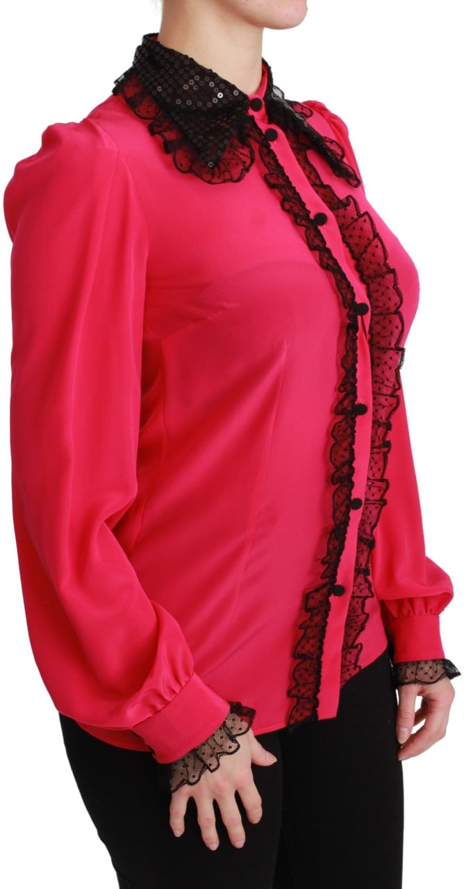 Dolce & Gabbana Pink Silk Black Sequin Lace Shirt Blouse Roze