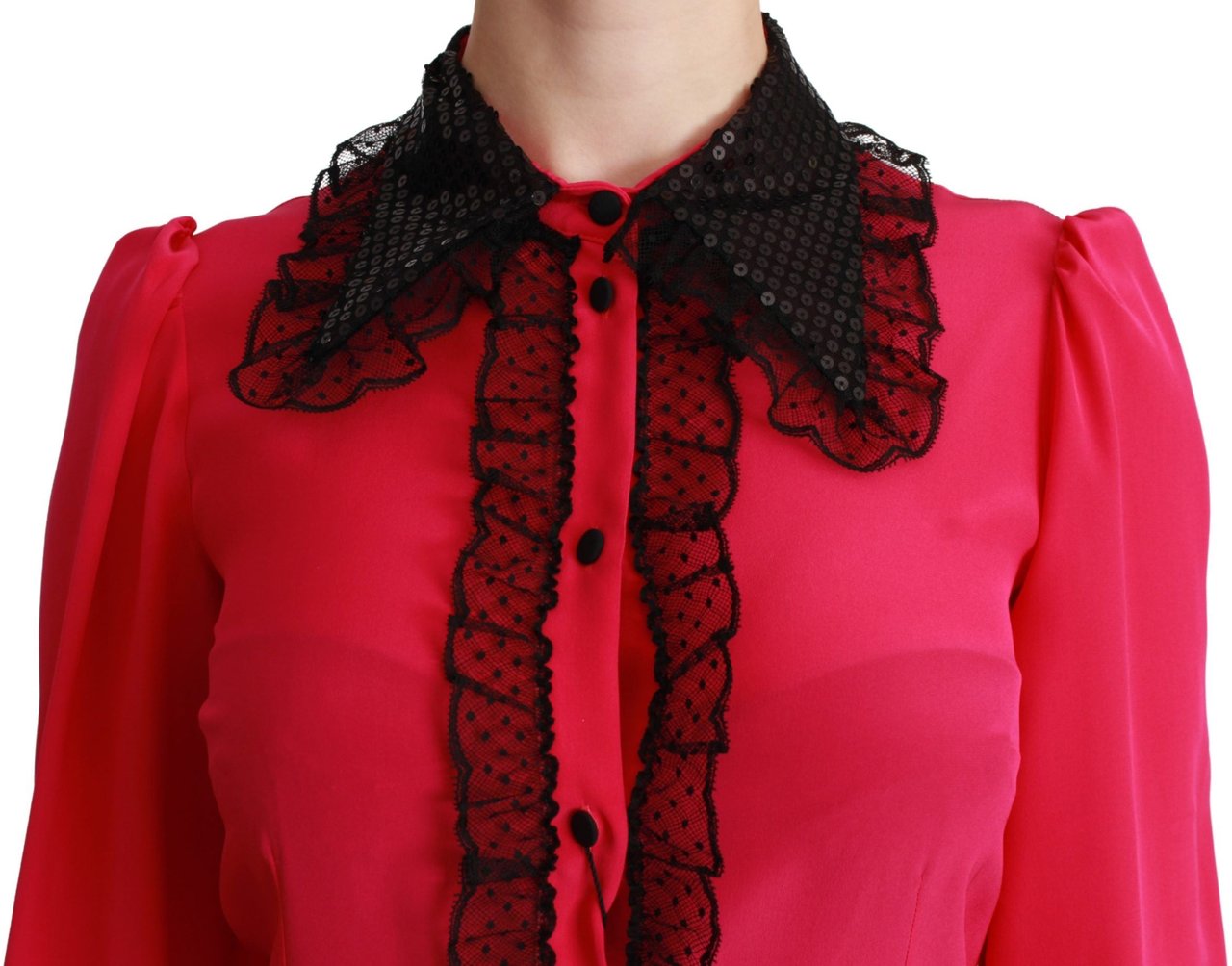 Dolce & Gabbana Pink Silk Black Sequin Lace Shirt Blouse Roze