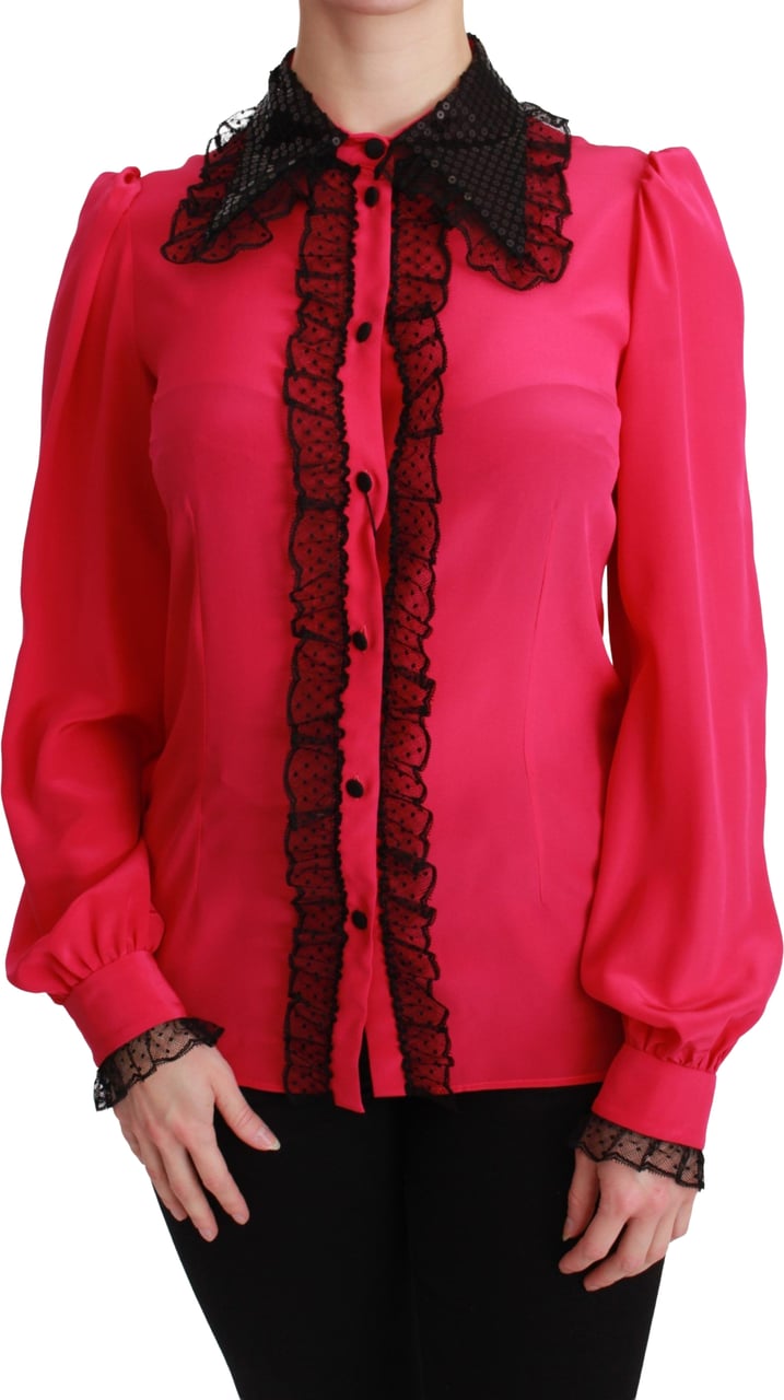 Dolce & Gabbana Pink Silk Black Sequin Lace Shirt Blouse Roze