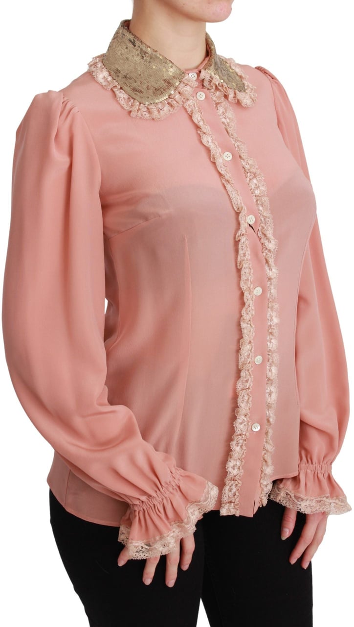 Dolce & Gabbana Pink Silk Gold Sequin Lace Blouse Shirt Goud